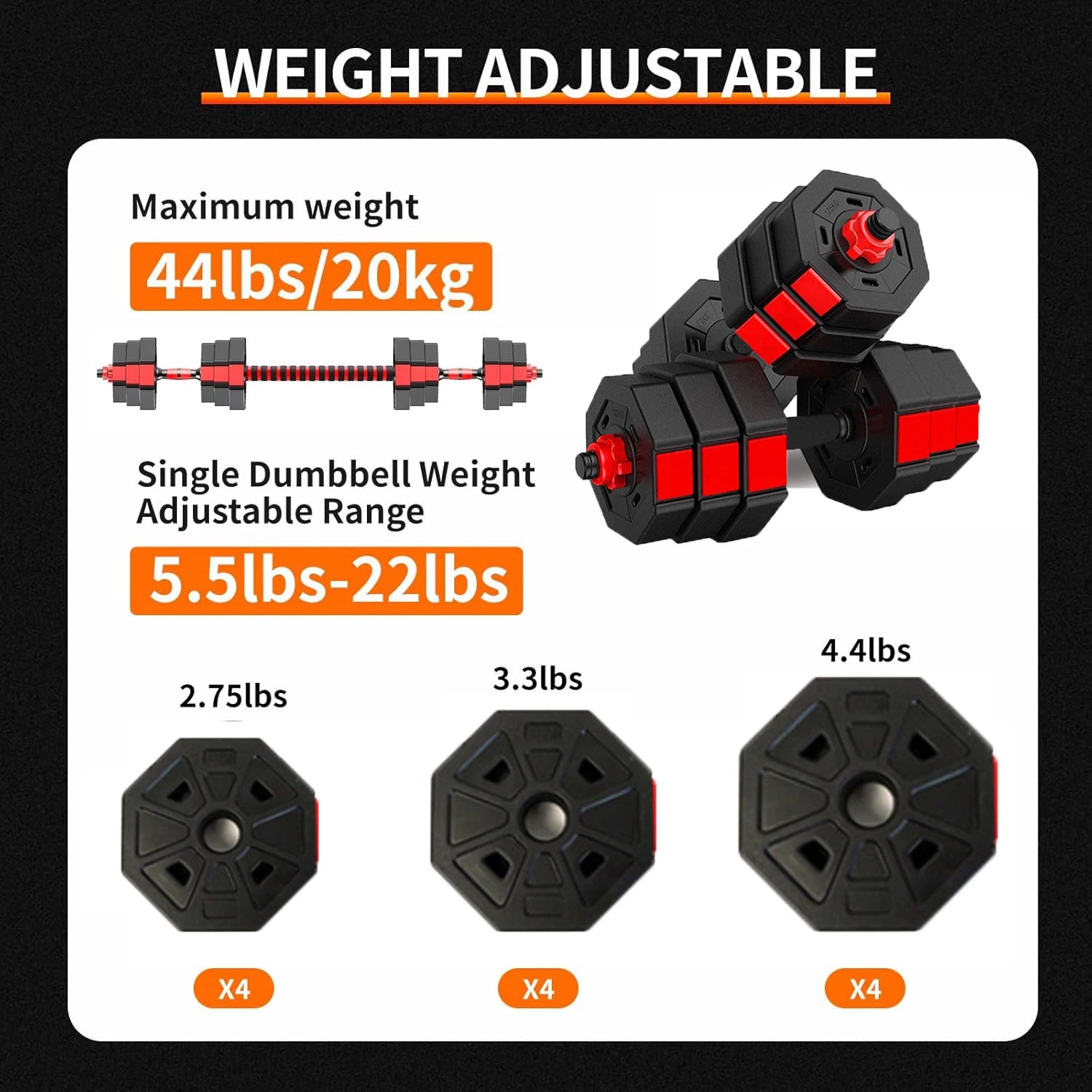 Adjustable 44lb Dumbbell to Barbell Set